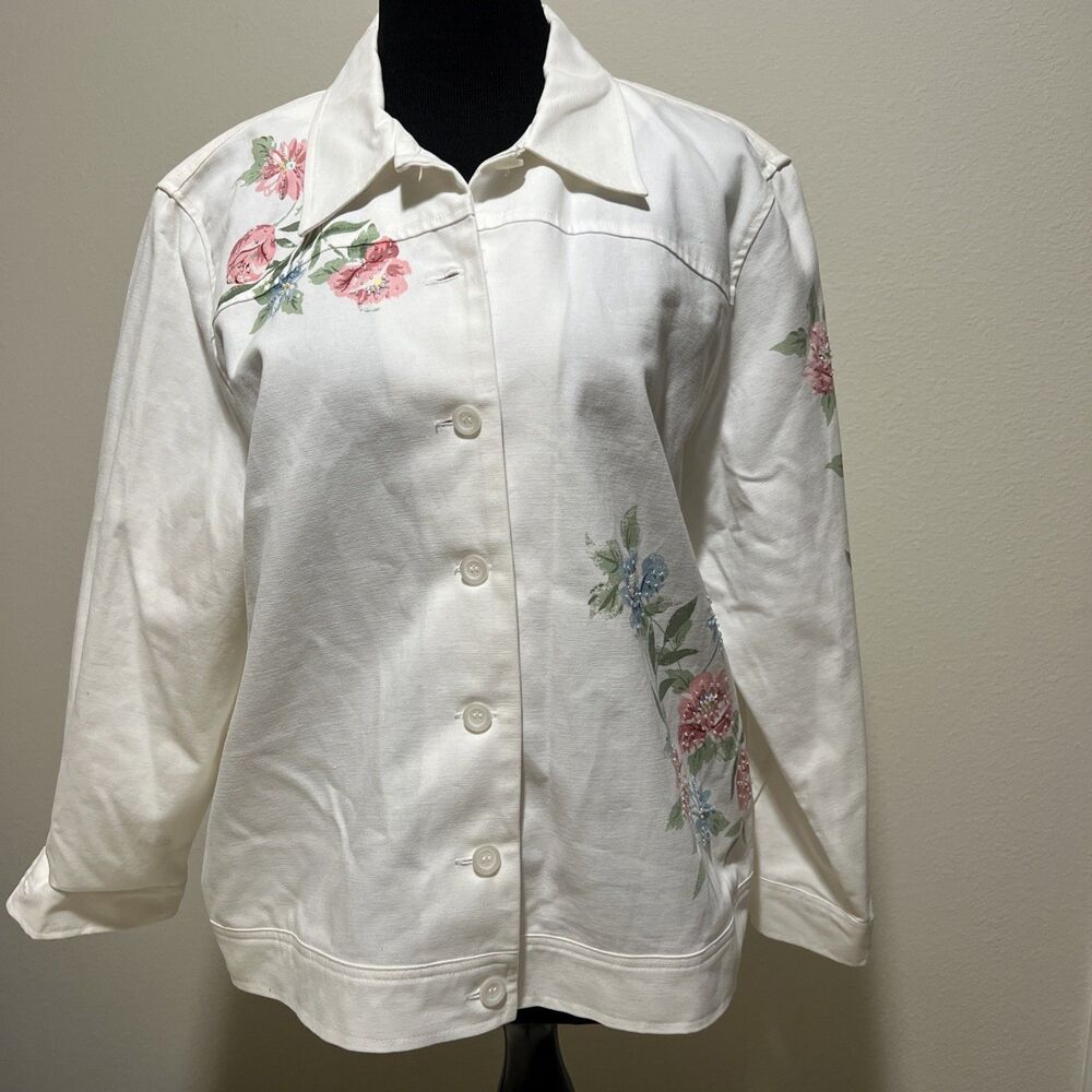 Alfred Dunner Shacket Shirt Jacket 14 P Artsy Floral Wearable Art Teacher Beaded